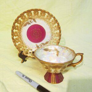 VTG ROYAL SEALY PORCELAIN CUP & SAUCER, LUSTERWARE RETICULATED